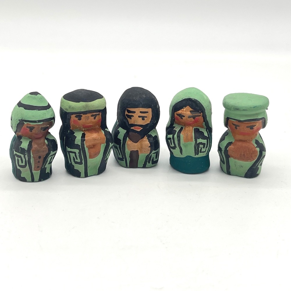 Vintage Miniature Clay Nativity Set 5pc Mary Joseph Wise Men Green Folk Art 1.5"